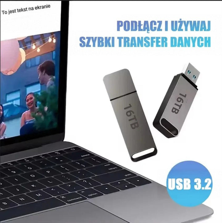 Dwa pendrive'y obok otwartego laptopa, z jednym wtykiem USB odsłoniętym, w grafice o szybkim przesyle 2