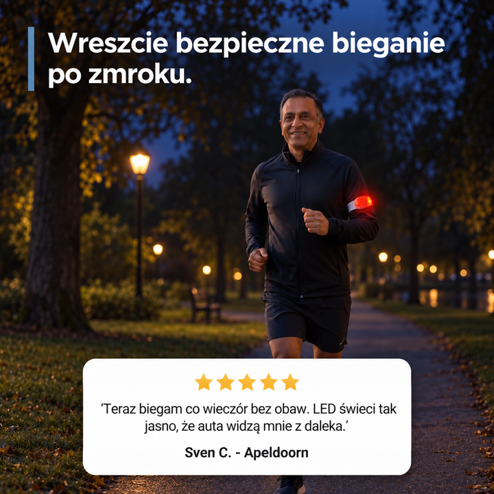 Uśmiechnięty biegacz w parku po zmroku z czerwono świecącą opaską na ramieniu 8