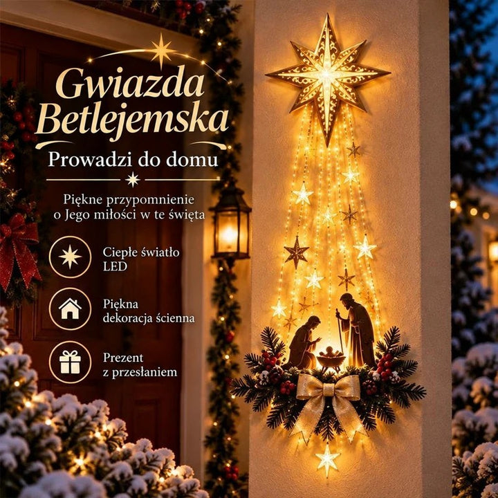 Podświetlana gwiazda z szopką i złotą kokardą na ścianie przy drzwiach, grafika z ikonami cech 1