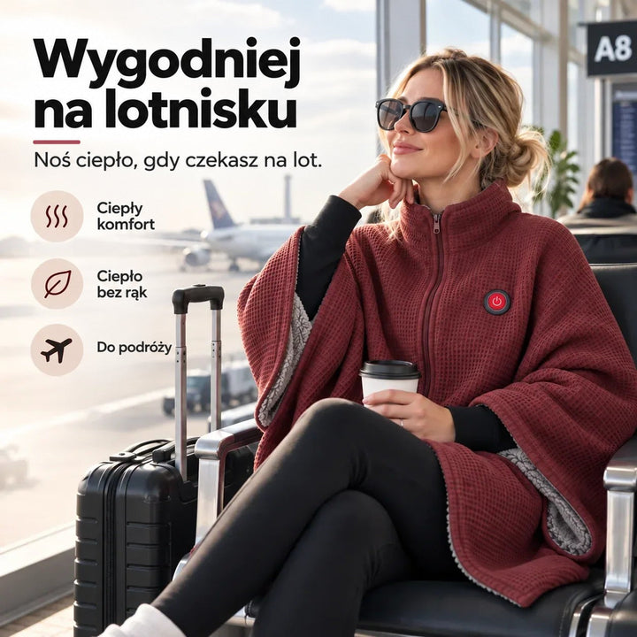 Kobieta w bordowym waflowym kocu-narzutce z zamkiem siedzi na lotnisku z walizką i kawą 1