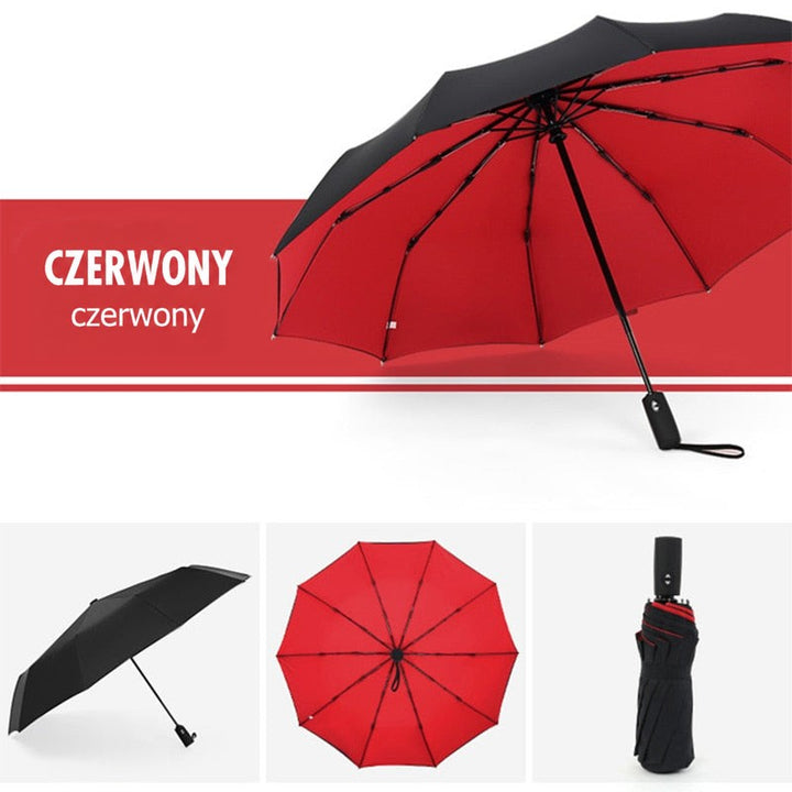 Parasol z czarnym wierzchem i czerwonym spodem kopuły, pokazany rozłożony, od spodu i złożony 5