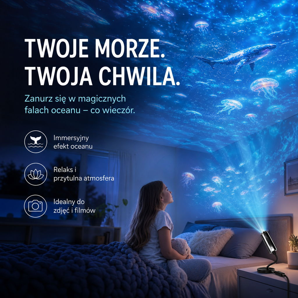 Dziewczynka w sypialni patrzy na niebieską projekcję oceanu z meduzami i wielorybem na suficie 3