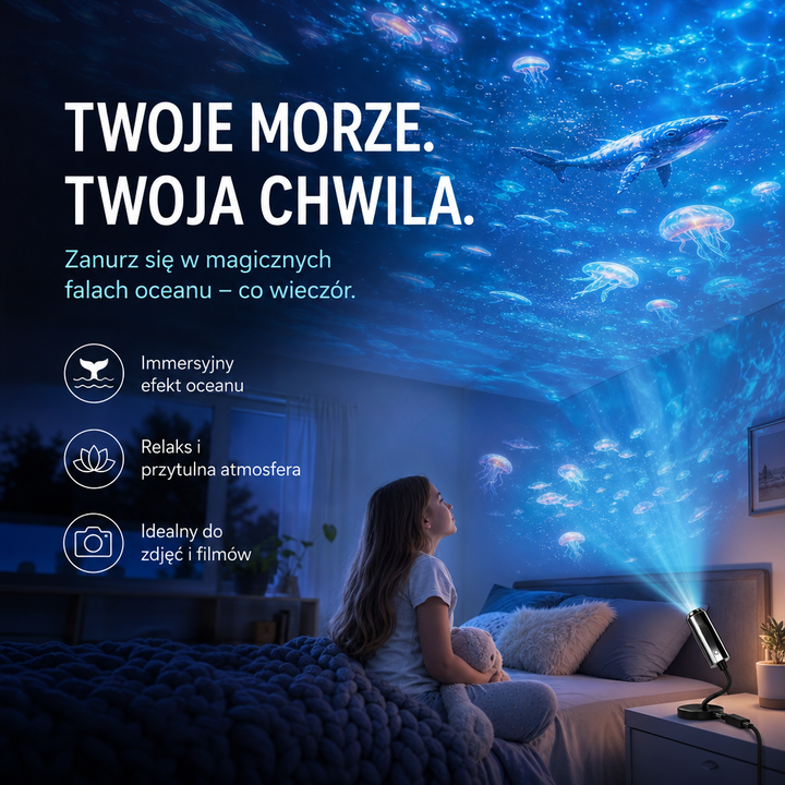 Dziewczynka w sypialni patrzy na niebieską projekcję oceanu z meduzami i wielorybem na suficie 3
