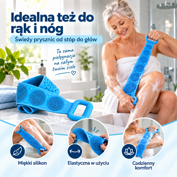 Uśmiechnięta kobieta w ręczniku myje nogę niebieskim silikonowym pasem, obok pas leży na blacie, poniżej trzy zbliżenia 6
