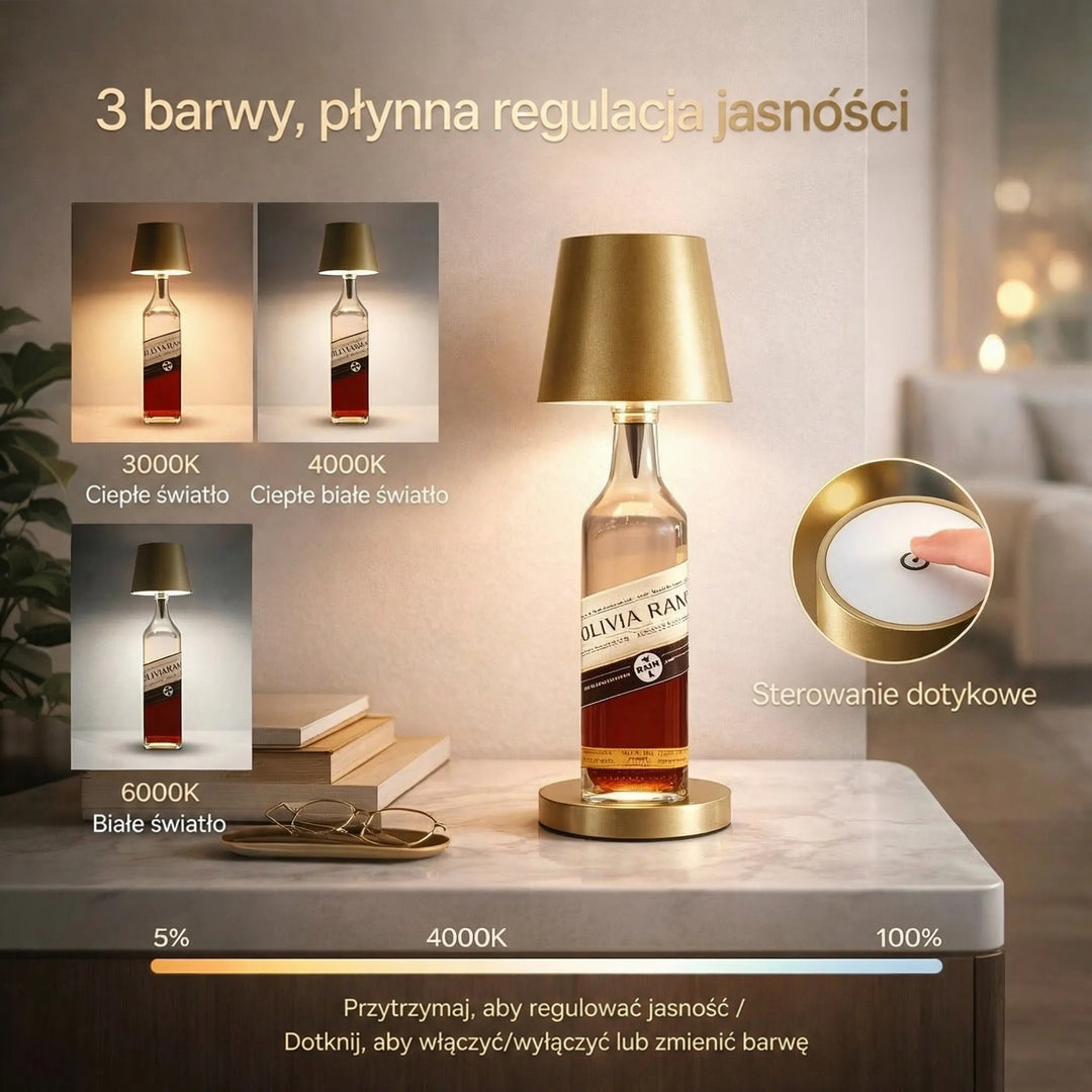 Złota lampa na butelce z infografiką trzech barw światła i dotykowym przyciskiem na kloszu 2