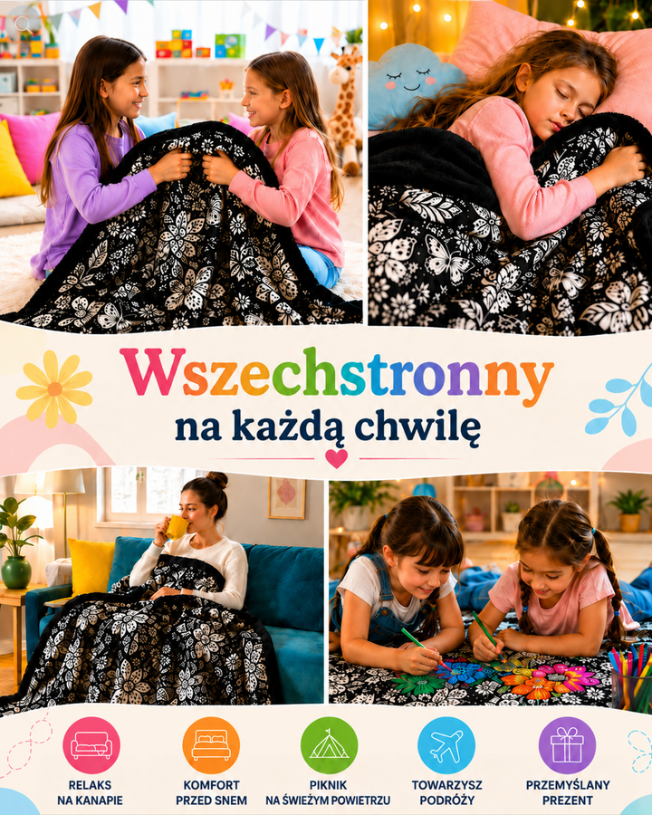 Kolaż czterech zdjęć: dzieci i kobieta z kocem na sofie, w łóżku i podczas kolorowania 5