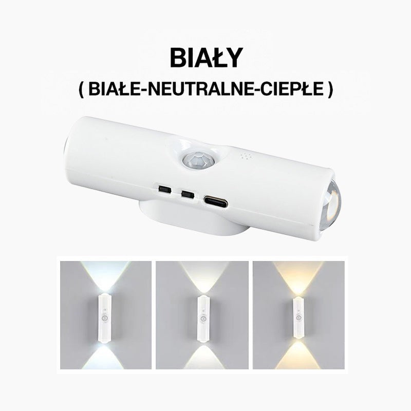 Biała lampa z czujnikiem ruchu i portem USB-C oraz trzy odcienie światła białego pod spodem 1