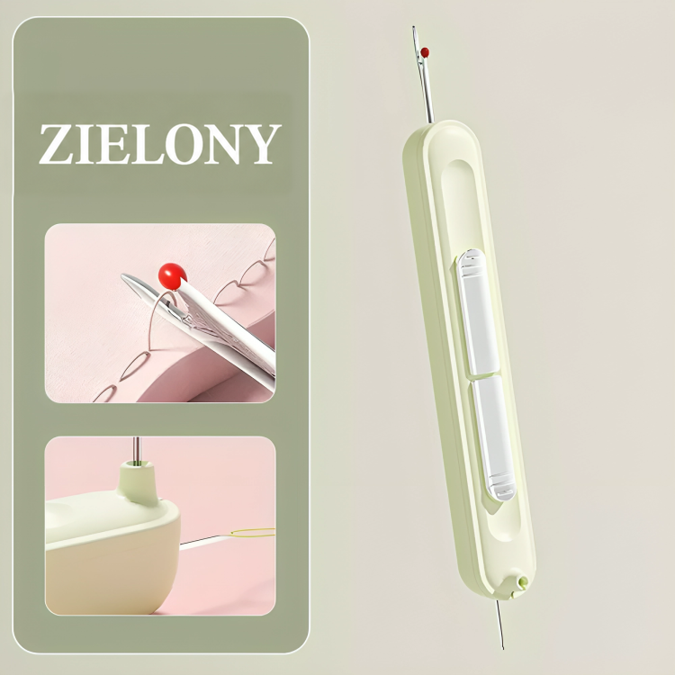 Zielona wersja urządzenia 2 w 1 z dwoma małymi zdjęciami rozpruwania i nawlekania obok 7