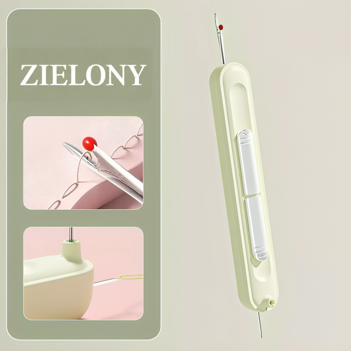 Zielona wersja urządzenia 2 w 1 z dwoma małymi zdjęciami rozpruwania i nawlekania obok 7