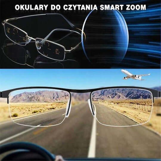 Kolaż: okulary z grafiką soczewki oraz widok drogi z górami i samolotem widziany przez soczewki półramkowych okularów. 6