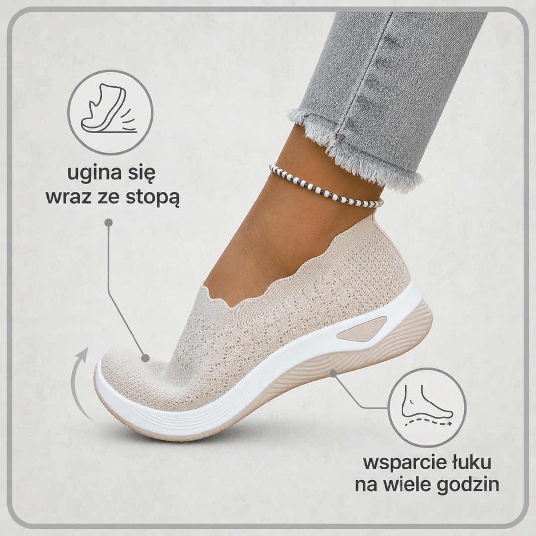 Beżowy but z dzianiny ugięty na palcach, ilustracja elastyczności i podparcia łuku stopy 2