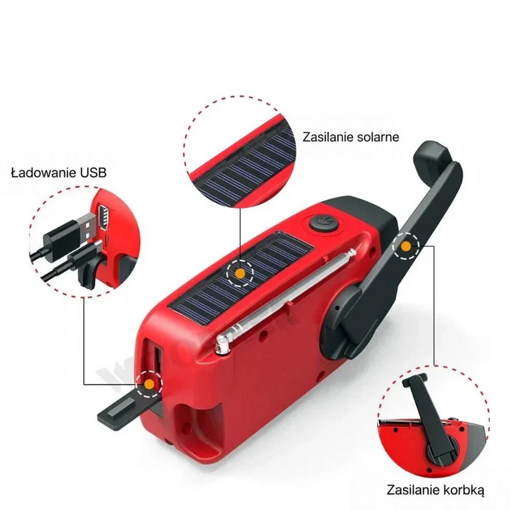 Czerwone radio z opisanymi funkcjami: panel solarny, gniazdo USB do ładowania i ręczna korbka 3