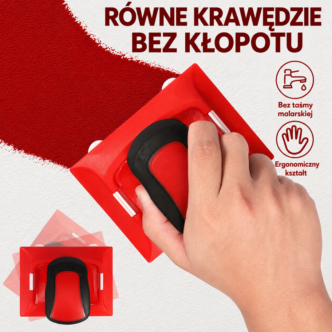 Dłoń trzyma narzędzie za czarny uchwyt i maluje ścianę czerwoną farbą, mała ilustracja ruchu obok 3