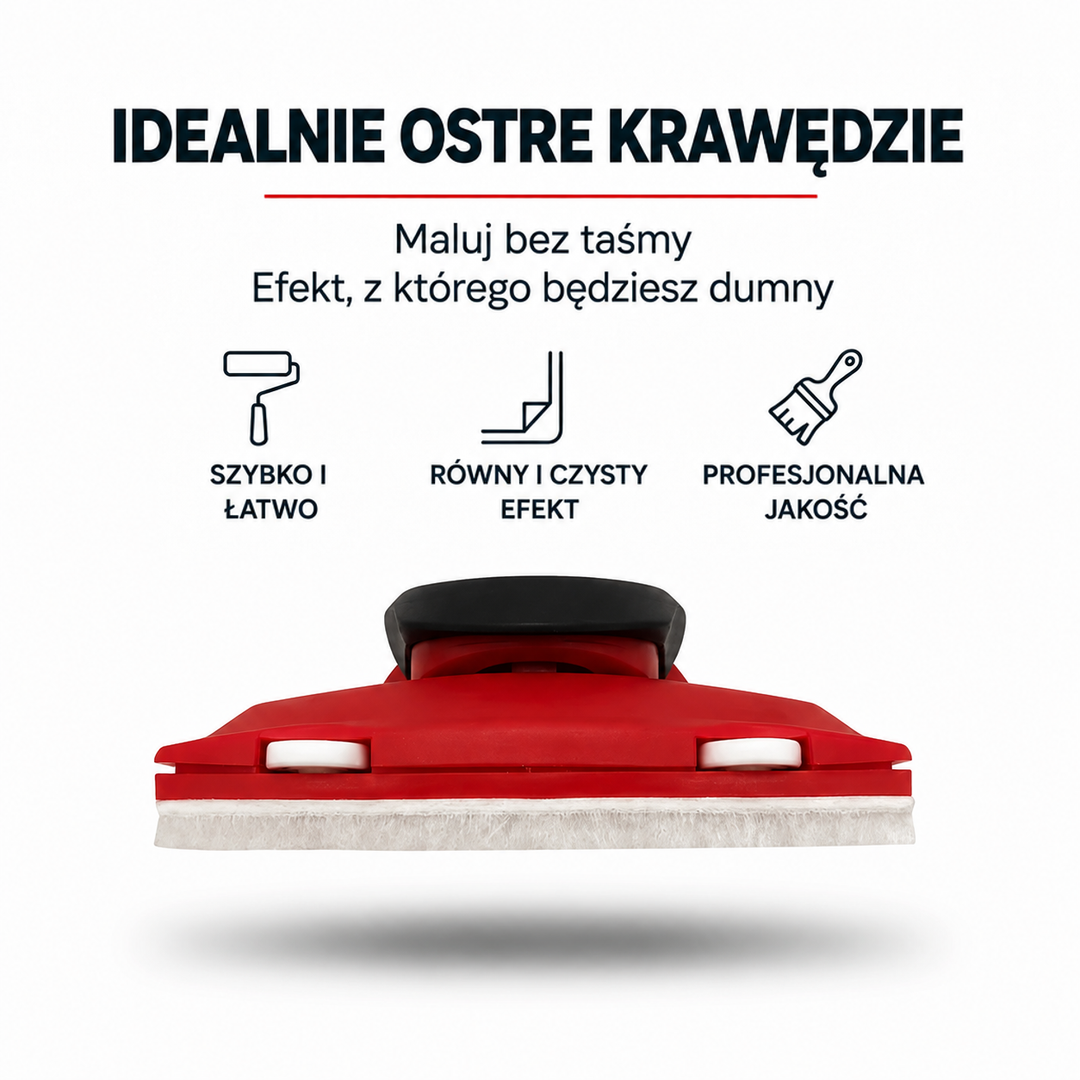 Czerwono-czarne narzędzie do malowania krawędzi widziane z przodu, z białą filcową listwą i kółkami 1