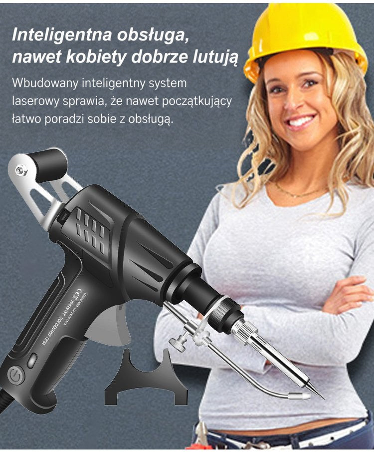 Uśmiechnięta kobieta w żółtym kasku ze skrzyżowanymi rękami, obok narzędzie z podstawką 12