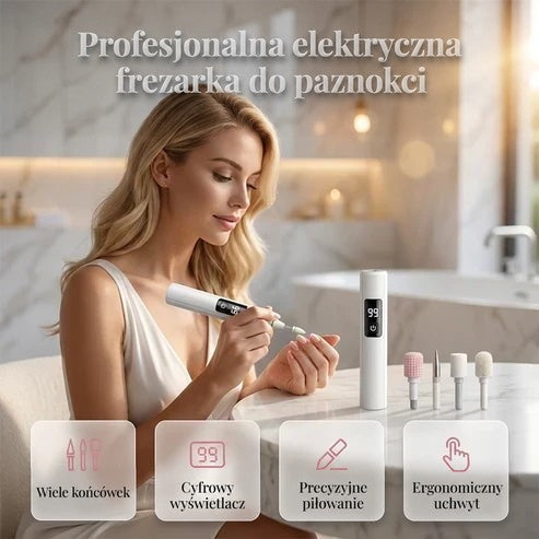 Blondynka w łazience pielęgnuje paznokcie białą frezarką, obok na blacie drugie urządzenie i cztery końcówki 1