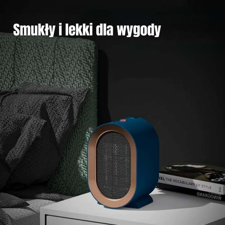 Granatowy grzejnik z miedzianą ramką na białej szafce nocnej w ciemnej sypialni, obok łóżka 2