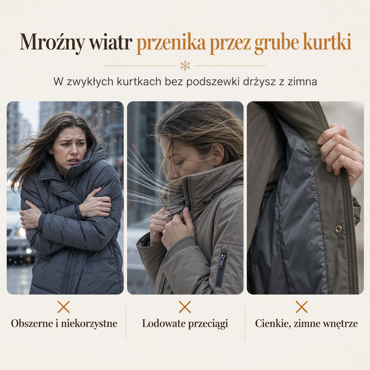 Trzy kadry z kobietami marznącymi w obszernych kurtkach bez ocieplenia, z wiatrem i cienkim wnętrzem 2