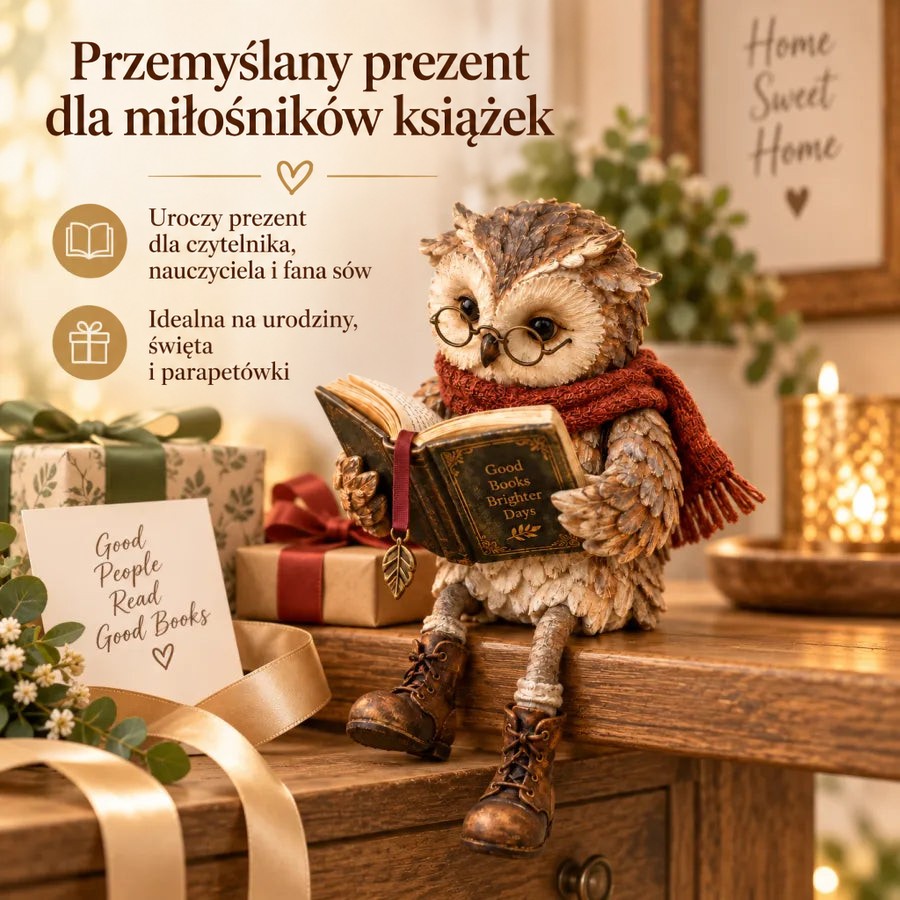 Sowa z książką jako pomysł na prezent, w otoczeniu zapakowanych pudełek, wstążek i kartki 7