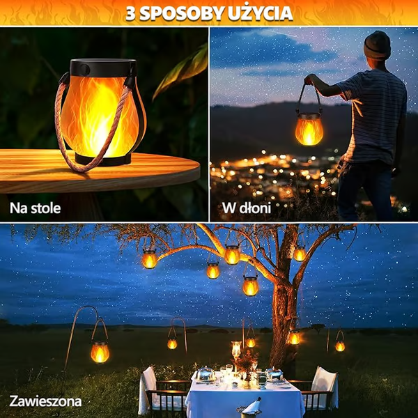 Kolaż trzech sposobów użycia: lampa postawiona na stole, niesiona w ręku i zawieszona na drzewie 5