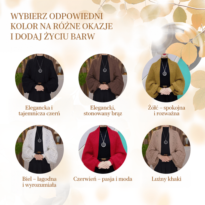 Zestawienie sześciu kolorów kardiganu: czarny, brązowy, musztardowy, biały, czerwony i khaki, na modelce 13