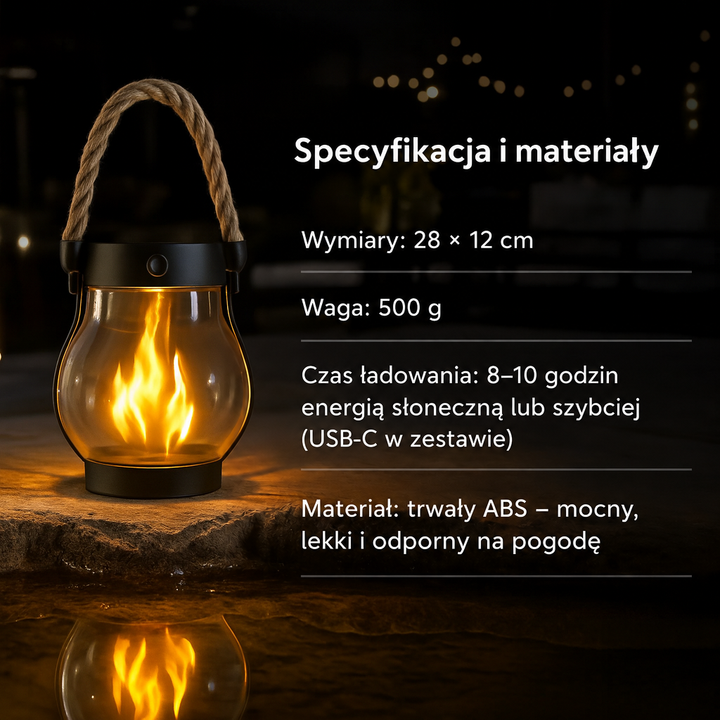 Świecąca latarnia z płomieniem na kamieniu nocą, obok grafika z danymi technicznymi i opisem materiału 2