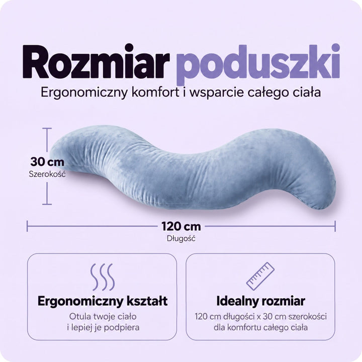 Niebieska poduszka z oznaczonymi wymiarami długości i szerokości na jasnofioletowym tle 5