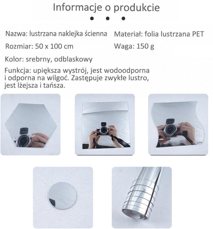Karta informacyjna z parametrami produktu i przykładami lustrzanych kształtów odbijających aparat fotograficzny, plus rolka 8