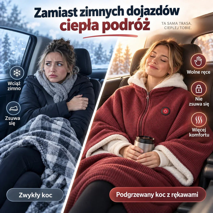 Porównanie w samochodzie: zmarznięta kobieta ze zwykłym kocem i ogrzana kobieta w bordowej narzutce 4
