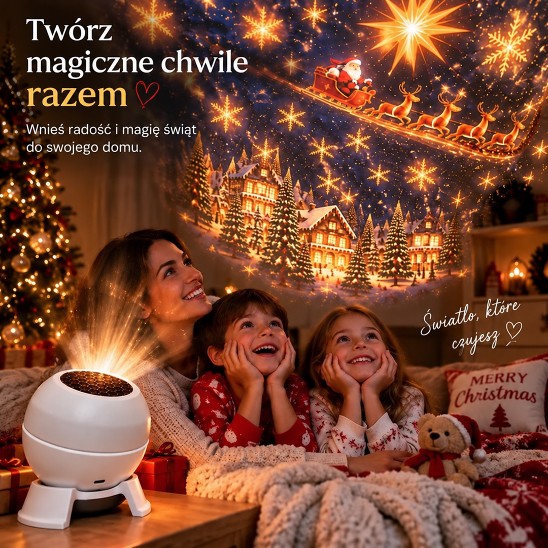 Mama z dwojgiem dzieci w piżamach patrzy z uśmiechem na świąteczną projekcję rzucaną przez lampkę 6