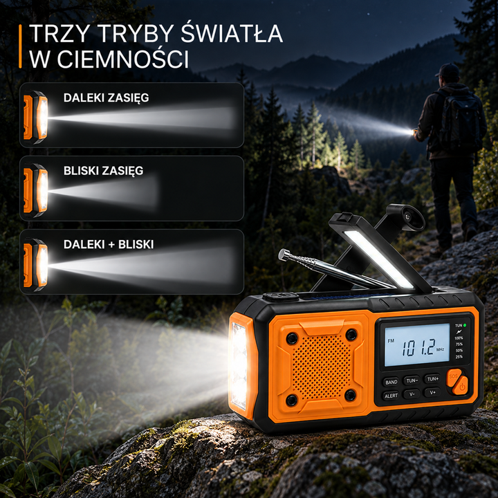 Radio na skałach nocą z trzema trybami światła latarki, w tle turysta z plecakiem 6