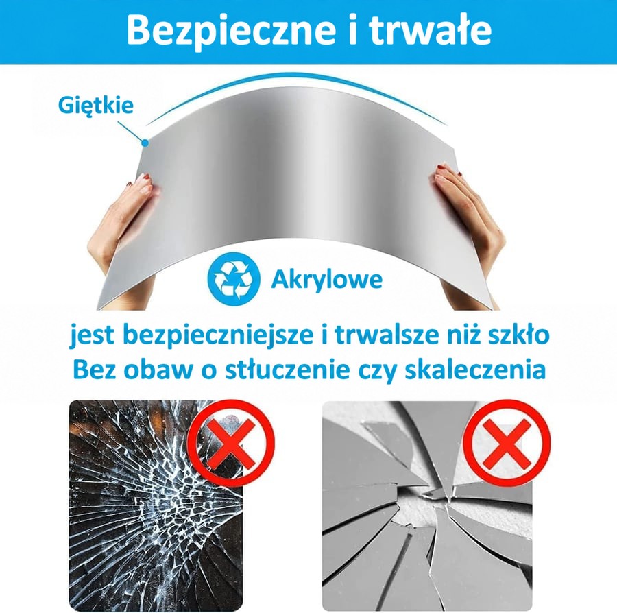 Elastyczna akrylowa folia lustrzana wyginana w dłoniach, obok porównanie z potłuczonym szkłem i rozbitym lustrem 7