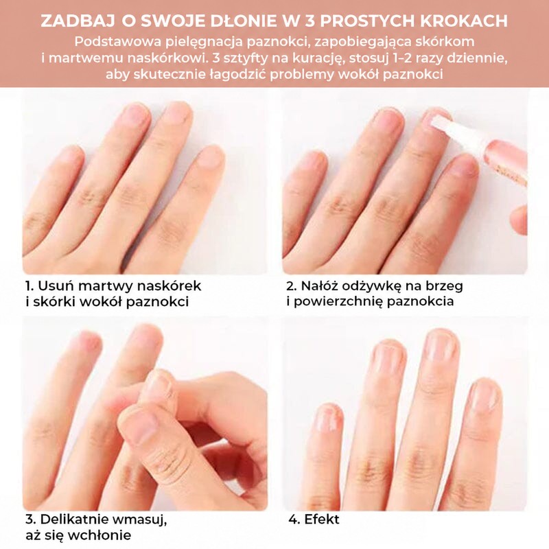 Instrukcja w czterech krokach: usunięcie martwego naskórka, nałożenie olejku na skórki, wmasowanie i efekt 5