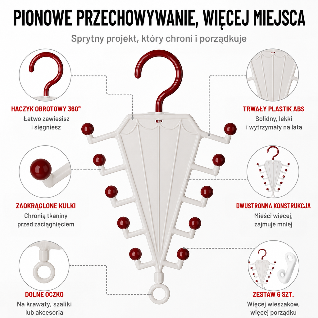 Biały wieszak z czerwonymi kulkami i haczykiem, z powiększonymi detalami haczyka, kulki i dolnego uchwytu 7