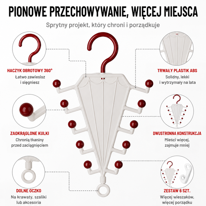 Biały wieszak z czerwonymi kulkami i haczykiem, z powiększonymi detalami haczyka, kulki i dolnego uchwytu 7