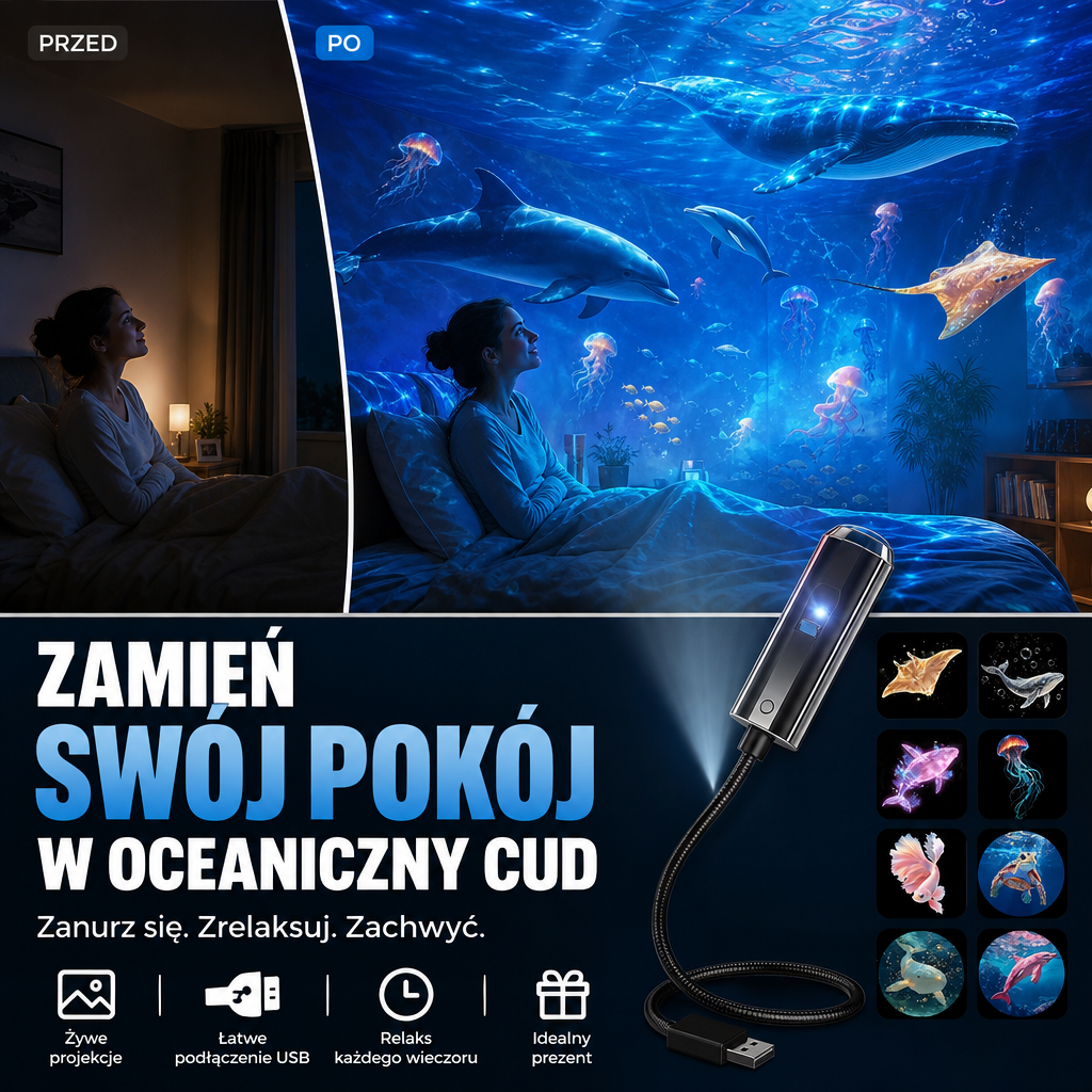Zdjęcie przed i po: kobieta w łóżku, a obok projektor z ramieniem i miniaturami oceanicznych motywów 1