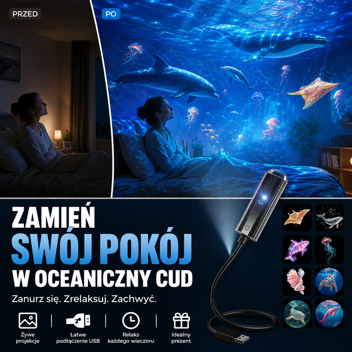 Zdjęcie przed i po: kobieta w łóżku, a obok projektor z ramieniem i miniaturami oceanicznych motywów 1