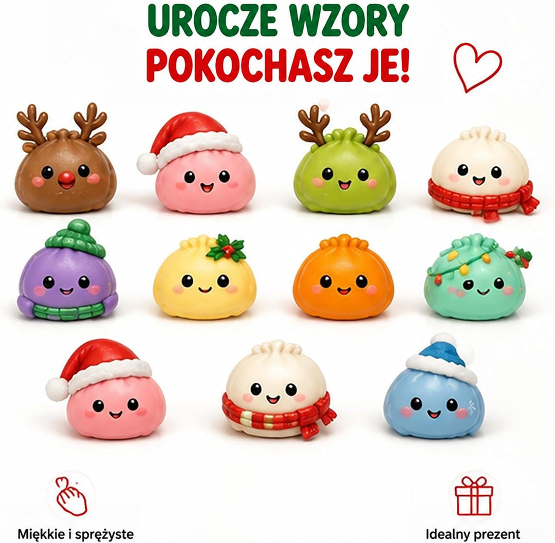 Jedenaście miękkich figurek-pierożków w różnych kolorach, z czapkami, szalikami i porożem renifera, na białym tle 3