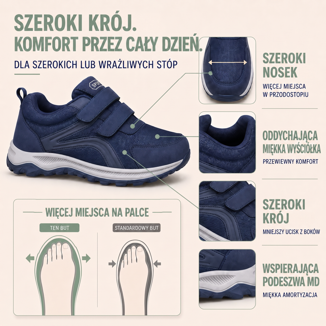 Infografika granatowego buta z powiększonymi detalami szerokiej czubkowej części i porównaniem szerokości przestrzeni na 3