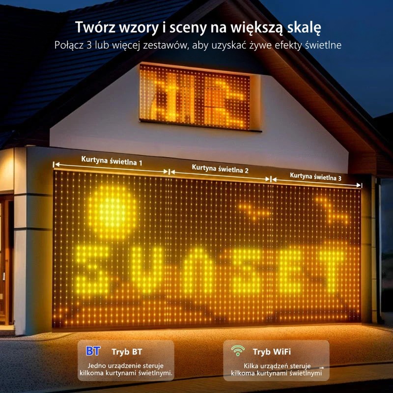 Trzy zestawy kurtyn połączone na fasadzie domu tworzą jeden duży świecący żółty wzór 8