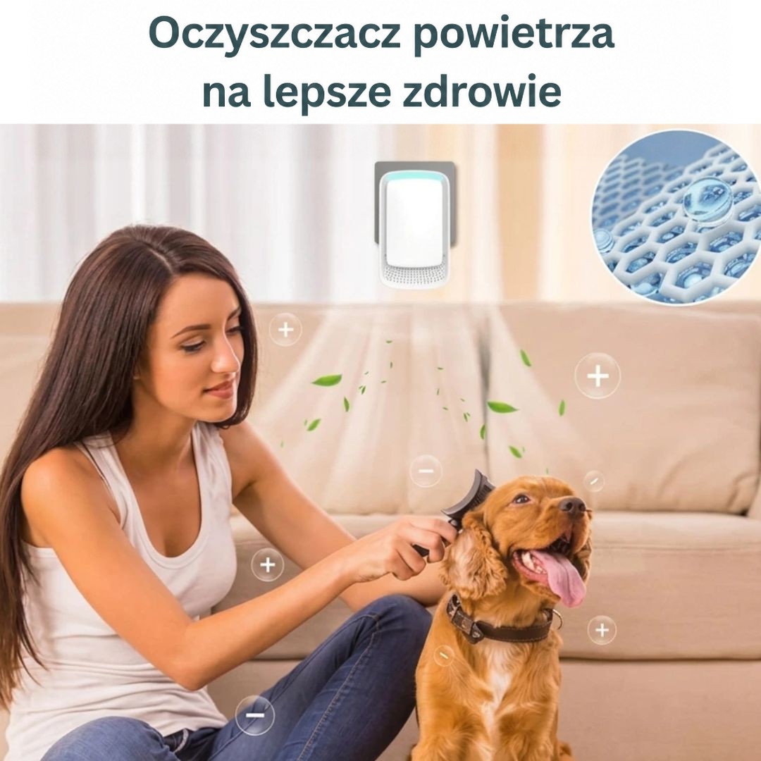 Kobieta czesze psa na kanapie, a nad nimi jonizator w gniazdku rozsyła jony 10
