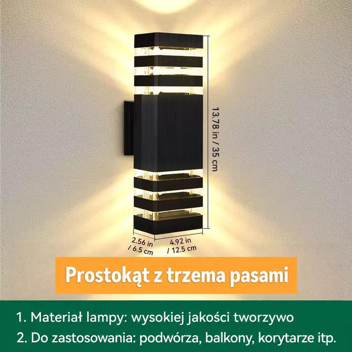 Grafika z wymiarami prostokątnego kinkietu z trzema pierścieniami świetlnymi, wysokość około 35 cm 18