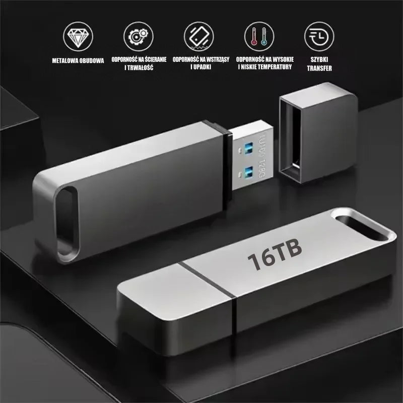 Dwa metalowe pendrive'y na ciemnej powierzchni, jeden odkryty obok zatyczki, z ikonami odporności i trwałości 5