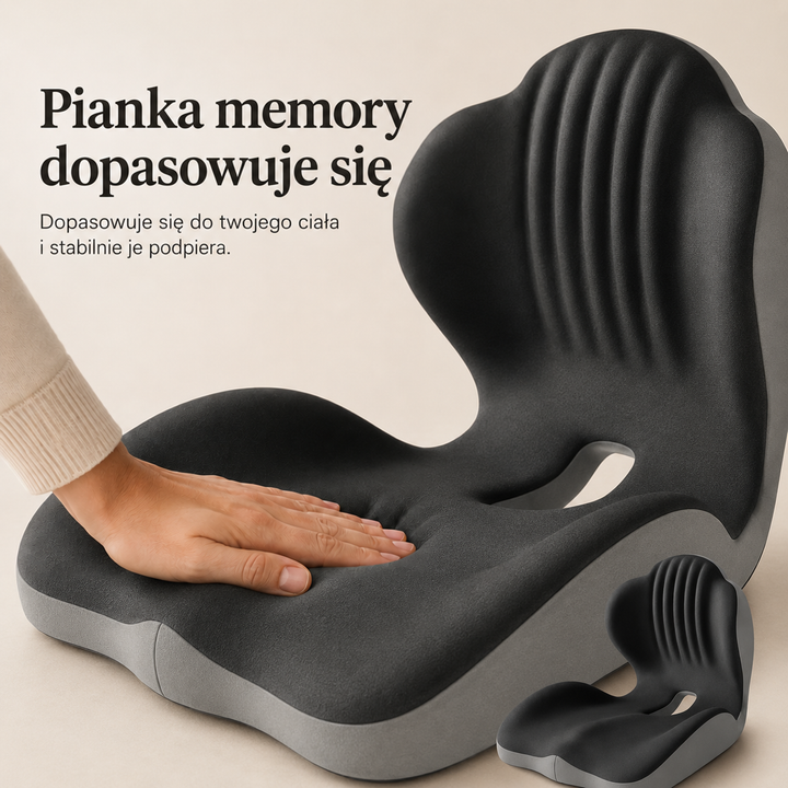 Dłoń uciska siedzisko z pianki z pamięcią, widać żłobioną część oparcia i małe zdjęcie całości 3