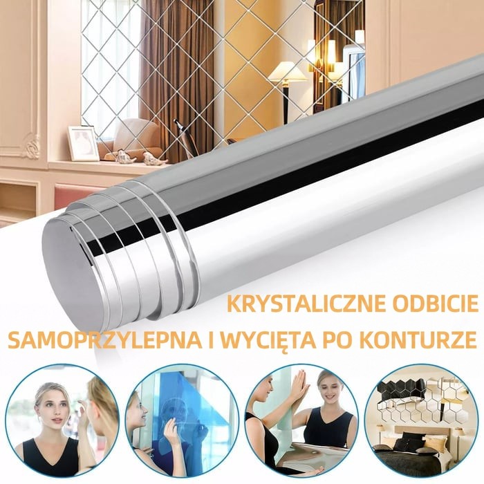 Rolka lustrzanej folii na tle jasnego wnętrza, poniżej cztery małe zdjęcia przykładowych zastosowań 2