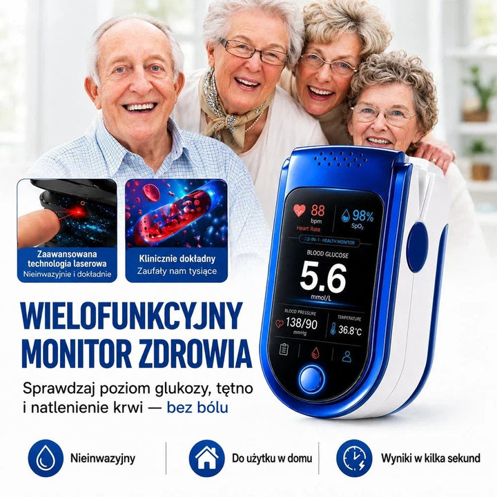 Czworo roześmianych seniorów w domu, na pierwszym planie niebiesko-biały miernik z ekranem pomiarów i ikonami zalet. 2