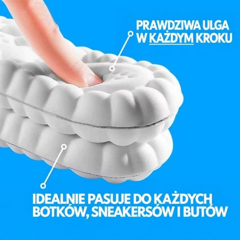 Szczegół grubej białej wkładki ściskanej palcem, pokazujący miękką, sprężystą piankę i dwie złożone warstwy na niebieskim tle z opisami. 5