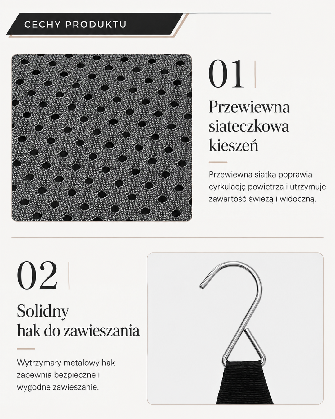 Dwa zbliżenia: perforowana siatkowa tkanina półki oraz metalowy hak z czarnym pasem do zawieszania 6