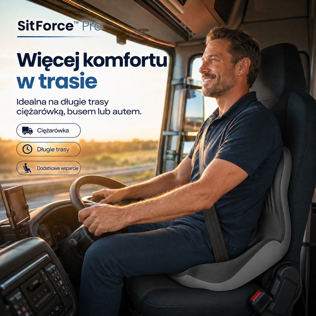 Kierowca w polo siedzi w kabinie samochodu ciężarowego na fotelu z szarą poduszką ergonomiczną 12