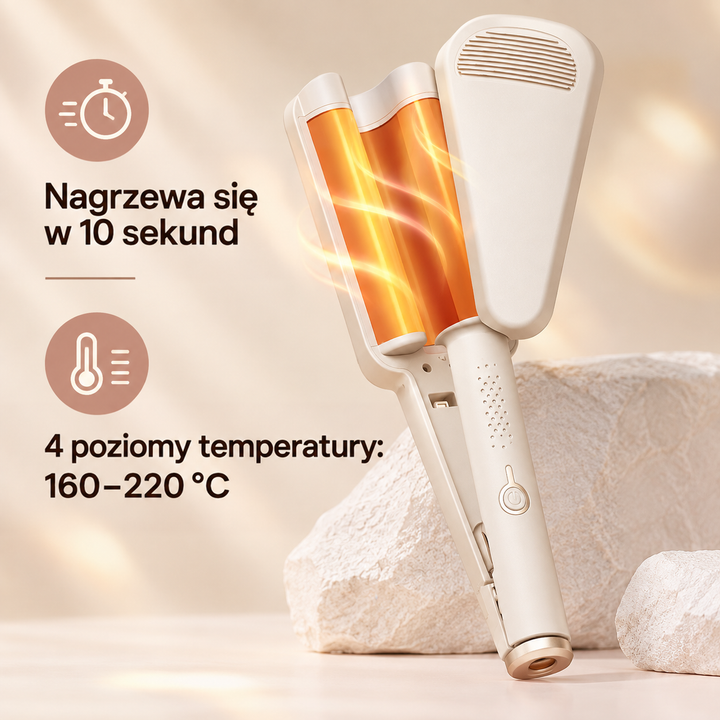 Beżowa lokówka falowa z podświetlonymi na pomarańczowo rozgrzanymi płytami i ikonami szybkiego nagrzewania oraz temperatury 12